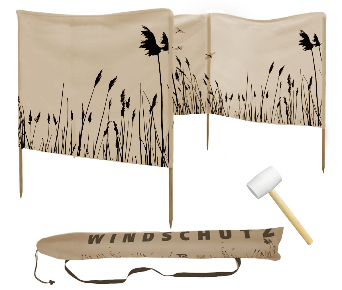 Windschutz Beige mit Schilfrohrmuster, Gummihammer mit weißem Kopf, Tragetasche Beige mit Aufdruck "Windschutz"